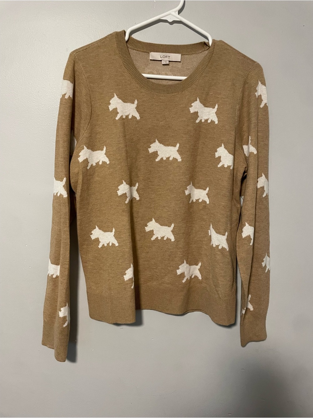 LOFT Women’s Camel Sweater with White Yorkie Dog Motif Large